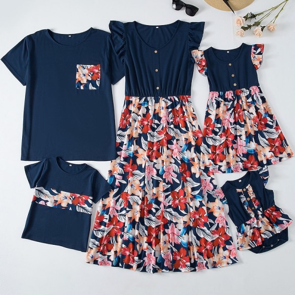 Mommy And Me Matching Outfits Family Dresses T shirt Floral Outdoor Navy Blue Short Sleeve Daily Matching Outfits Mommy And Me Matching Outfits Family Dresses T shirt Floral Outdoor Navy Blue Short Sleeve Daily Matching Outfits