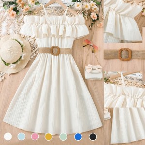Kids Girls&#039; Dress Solid Color Sleeveless Short Sleeve Outdoor Casual Ruffle Daily Casual Polyester Knee-length White Dress Casual Dress Summer 7-13 Years White Pink Blue