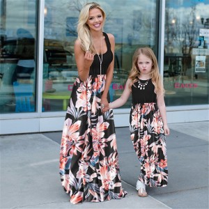 Mommy and Me Family Sets Plant Street Print Black White Pink Sleeveless Maxi Tank Dress Vacation Matching Outfits