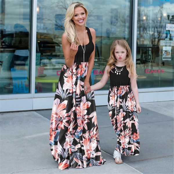 Mommy and Me Family Sets Plant Street Print Black White Pink Sleeveless Maxi Tank Dress Vacation Matching Outfits Mommy and Me Family Sets Plant Street Print Black White Pink Sleeveless Maxi Tank Dress Vacation Matching Outfits