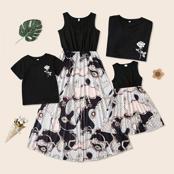 Mommy and Me Family Sets Plant Street Print Black White Pink Sleeveless Maxi Tank Dress Vacation Matching Outfits Mommy and Me Family Sets Plant Street Print Black White Pink Sleeveless Maxi Tank Dress Vacation Matching Outfits