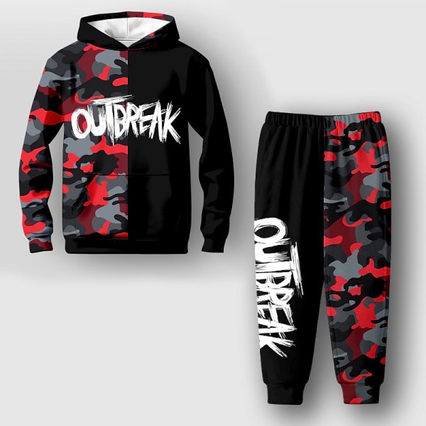 Boys 3D Camo Hoodie &amp; Pants Set Letter Long Sleeve 3D Printing Fall Winter Active Fashion Cool Polyester Kids 3-12 Years Outdoor Street Vacation Regular Fit