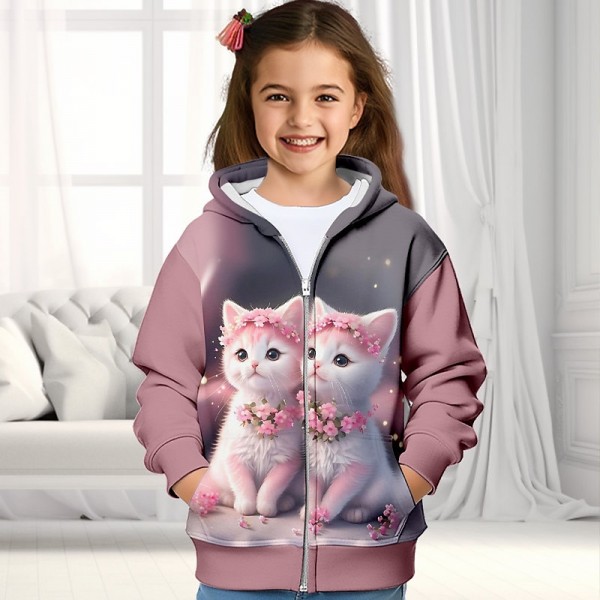 Girls' 3D Cat Hoodie Coat Outerwear Long Sleeve 3D Print Fall Winter Active Fashion Cute Polyester Kids 3-12 Years Outdoor Casual Daily Regular Fit Girls' 3D Cat Hoodie Coat Outerwear Long Sleeve 3D Print Fall Winter Active Fashion Cute Polyester Kids 3-12 Years Outdoor Casual Daily Regular Fit