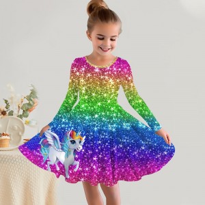 Girls&#039; 3D Rainbow Unicorn Dress Long Sleeve 3D Print Fall Winter Sports &amp; Outdoor Daily Holiday Cute Casual Beautiful Kids 3-12 Years Casual Dress A Line Dress Above Knee Polyester Regular Fit