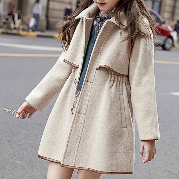 Kids Girls' Woolen Coat Long Sleeve off white Solid Color Spring Fall Active School 7-13 Years Kids Girls' Woolen Coat Long Sleeve off white Solid Color Spring Fall Active School 7-13 Years