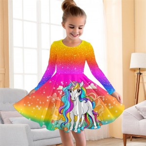 Girls&#039; 3D Unicorn Rainbow Dress Pink Long Sleeve 3D Print Fall Winter Sports &amp; Outdoor Daily Holiday Cute Casual Beautiful Kids 3-12 Years Casual Dress A Line Dress Above Knee Polyester Regular Fit