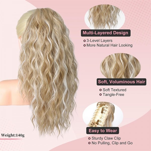 Ponytail Extension Claw Clip In Ponytail Extensions Multi Layered Long Wavy Curly Ponytail Clip On Fake Hair Soft Natural Synthetic Hairpieces for Women Daily - Ash Blonde with Highlights