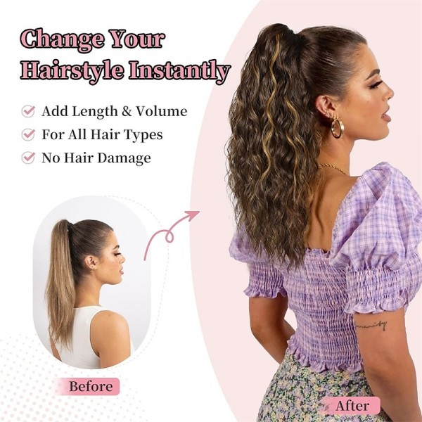 Ponytail Extension Claw Clip In Ponytail Extensions Multi Layered Long Wavy Curly Ponytail Clip On Fake Hair Soft Natural Synthetic Hairpieces for Women Daily - Ash Blonde with Highlights