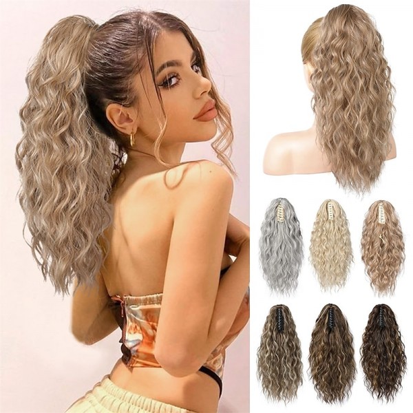 Ponytail Extension Claw Clip In Ponytail Extensions Multi Layered Long Wavy Curly Ponytail Clip On Fake Hair Soft Natural Synthetic Hairpieces for Women Daily - Ash Blonde with Highlights