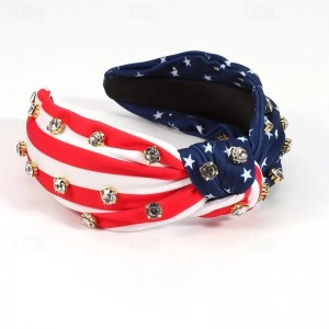 American Flag Printed Wide Brimmed Head Band Stylish Glitter Rhinestone Decorative Knotted Hair Hoop Suitable For Independent Day Wear