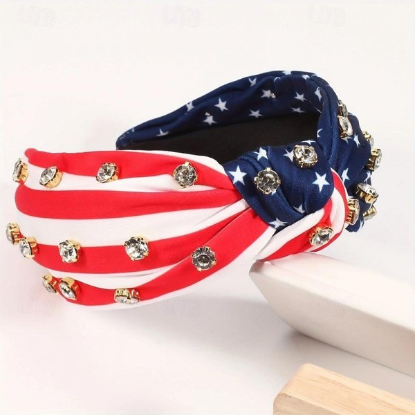 American Flag Printed Wide Brimmed Head Band Stylish Glitter Rhinestone Decorative Knotted Hair Hoop Suitable For Independent Day Wear American Flag Printed Wide Brimmed Head Band Stylish Glitter Rhinestone Decorative Knotted Hair Hoop Suitable For Independent Day Wear