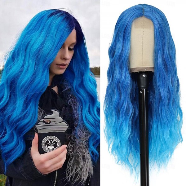 Blue Wig Long Blue Wavy Wigs for Women Middle Part Ombre Blue Wig 26 inch Natural Curly Synthetic Wig Heat Resistant Fiber Wigs for Daily Party Use Blue Wig Long Blue Wavy Wigs for Women Middle Part Ombre Blue Wig 26 inch Natural Curly Synthetic Wig Heat Resistant Fiber Wigs for Daily Party Use