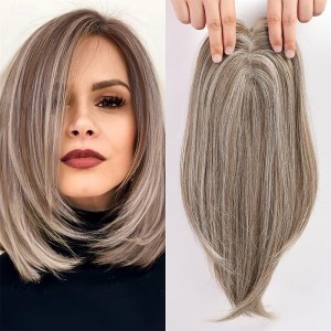 Light Brown &amp; Ash Blonde Hair Toppers for Women Synthetic Hair Toppers Hair Pieces Swiss Base with 3 Clips in Wiglets Toppers for Women with Thinning Hair Grey Hair Hair Loss
