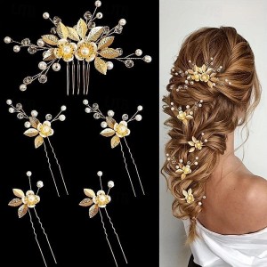 5pcs Golden Leaf Hairpin Flower Pearl Bridal Hair Fork Headwear Vintage Wedding Women&#039;s Elegant Decoration Hair Accessories