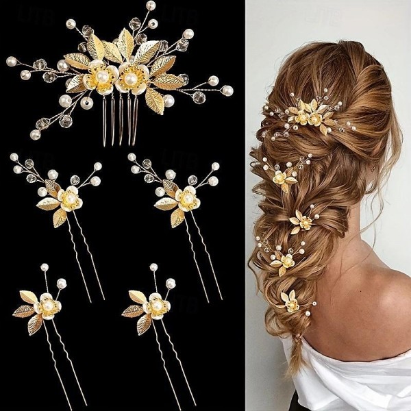 5pcs Golden Leaf Hairpin Flower Pearl Bridal Hair Fork Headwear Vintage Wedding Women's Elegant Decoration Hair Accessories 5pcs Golden Leaf Hairpin Flower Pearl Bridal Hair Fork Headwear Vintage Wedding Women's Elegant Decoration Hair Accessories