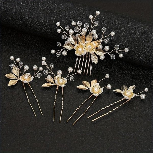 5pcs Golden Leaf Hairpin Flower Pearl Bridal Hair Fork Headwear Vintage Wedding Women's Elegant Decoration Hair Accessories 5pcs Golden Leaf Hairpin Flower Pearl Bridal Hair Fork Headwear Vintage Wedding Women's Elegant Decoration Hair Accessories