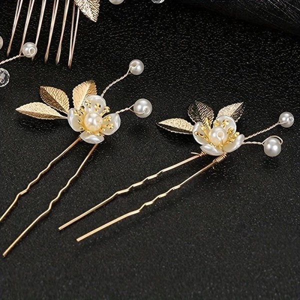 5pcs Golden Leaf Hairpin Flower Pearl Bridal Hair Fork Headwear Vintage Wedding Women's Elegant Decoration Hair Accessories 5pcs Golden Leaf Hairpin Flower Pearl Bridal Hair Fork Headwear Vintage Wedding Women's Elegant Decoration Hair Accessories