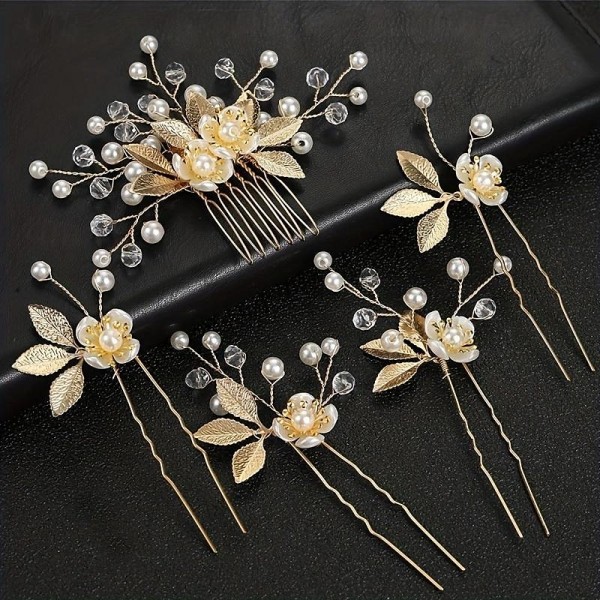 5pcs Golden Leaf Hairpin Flower Pearl Bridal Hair Fork Headwear Vintage Wedding Women's Elegant Decoration Hair Accessories 5pcs Golden Leaf Hairpin Flower Pearl Bridal Hair Fork Headwear Vintage Wedding Women's Elegant Decoration Hair Accessories