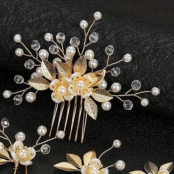 5pcs Golden Leaf Hairpin Flower Pearl Bridal Hair Fork Headwear Vintage Wedding Women's Elegant Decoration Hair Accessories 5pcs Golden Leaf Hairpin Flower Pearl Bridal Hair Fork Headwear Vintage Wedding Women's Elegant Decoration Hair Accessories