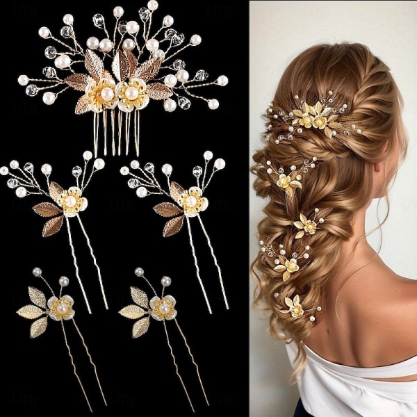 5pcs Golden Leaf Hairpin Flower Pearl Bridal Hair Fork Headwear Vintage Wedding Women's Elegant Decoration Hair Accessories 5pcs Golden Leaf Hairpin Flower Pearl Bridal Hair Fork Headwear Vintage Wedding Women's Elegant Decoration Hair Accessories