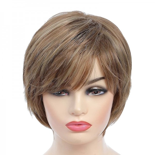 Pixie Cut Layered Short Brown Wigs with Bangs Straight Synthetic Wigs for White Women (Blonde Mixed Brown) Pixie Cut Layered Short Brown Wigs with Bangs Straight Synthetic Wigs for White Women (Blonde Mixed Brown)