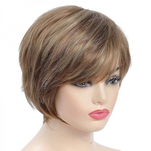 Pixie Cut Layered Short Brown Wigs with Bangs Straight Synthetic Wigs for White Women (Blonde Mixed Brown) Pixie Cut Layered Short Brown Wigs with Bangs Straight Synthetic Wigs for White Women (Blonde Mixed Brown)