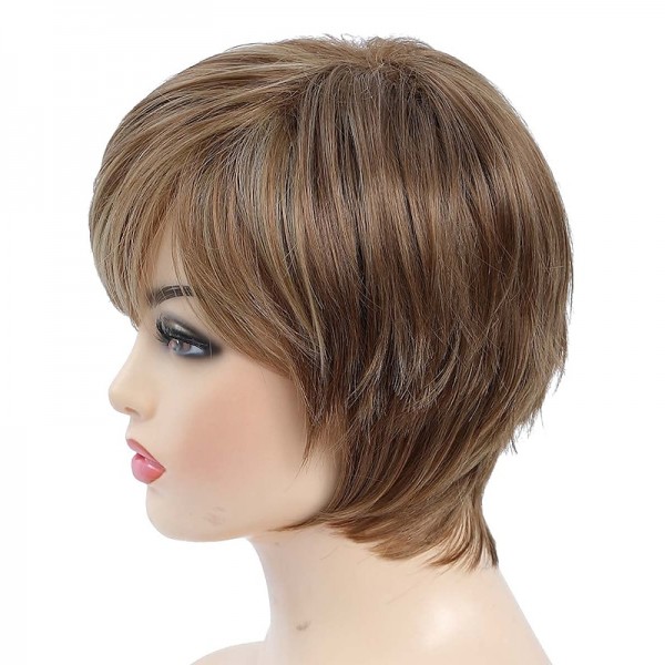 Pixie Cut Layered Short Brown Wigs with Bangs Straight Synthetic Wigs for White Women (Blonde Mixed Brown) Pixie Cut Layered Short Brown Wigs with Bangs Straight Synthetic Wigs for White Women (Blonde Mixed Brown)