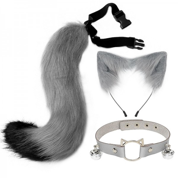 Cat Ears and Wolf Fox Animal Tail Cosplay Costume Faux Fur Hair Clip Headdress Halloween Leather Neck Chocker Set Cat Ears and Wolf Fox Animal Tail Cosplay Costume Faux Fur Hair Clip Headdress Halloween Leather Neck Chocker Set