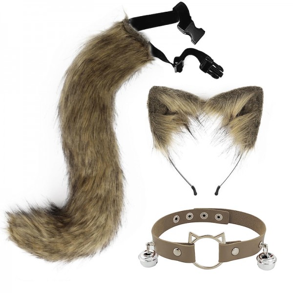 Cat Ears and Wolf Fox Animal Tail Cosplay Costume Faux Fur Hair Clip Headdress Halloween Leather Neck Chocker Set Cat Ears and Wolf Fox Animal Tail Cosplay Costume Faux Fur Hair Clip Headdress Halloween Leather Neck Chocker Set