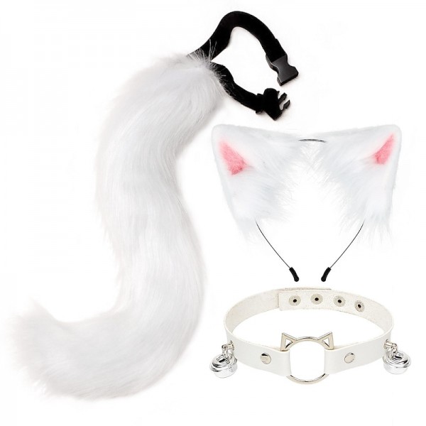 Cat Ears and Wolf Fox Animal Tail Cosplay Costume Faux Fur Hair Clip Headdress Halloween Leather Neck Chocker Set Cat Ears and Wolf Fox Animal Tail Cosplay Costume Faux Fur Hair Clip Headdress Halloween Leather Neck Chocker Set
