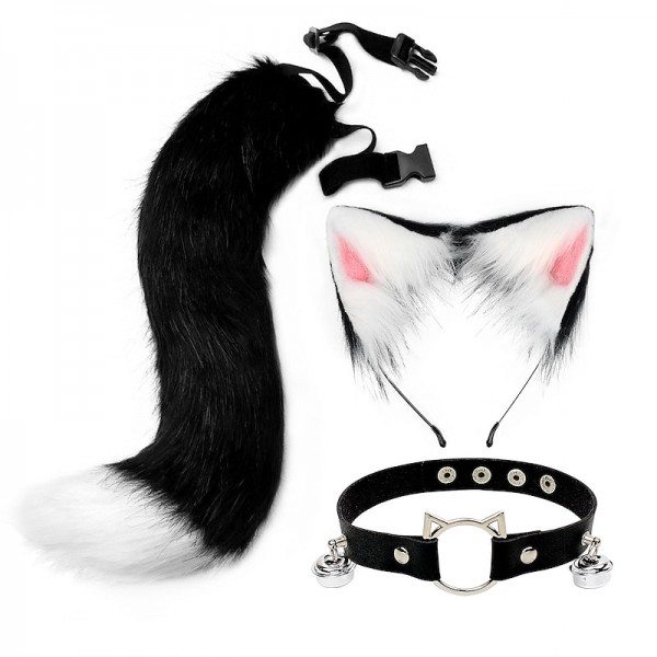 Cat Ears and Wolf Fox Animal Tail Cosplay Costume Faux Fur Hair Clip Headdress Halloween Leather Neck Chocker Set Cat Ears and Wolf Fox Animal Tail Cosplay Costume Faux Fur Hair Clip Headdress Halloween Leather Neck Chocker Set