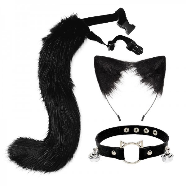 Cat Ears and Wolf Fox Animal Tail Cosplay Costume Faux Fur Hair Clip Headdress Halloween Leather Neck Chocker Set Cat Ears and Wolf Fox Animal Tail Cosplay Costume Faux Fur Hair Clip Headdress Halloween Leather Neck Chocker Set