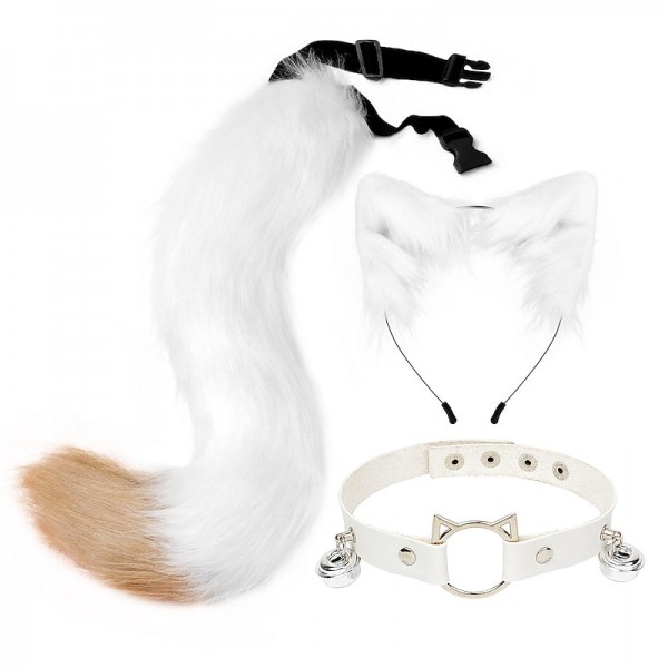Cat Ears and Wolf Fox Animal Tail Cosplay Costume Faux Fur Hair Clip Headdress Halloween Leather Neck Chocker Set Cat Ears and Wolf Fox Animal Tail Cosplay Costume Faux Fur Hair Clip Headdress Halloween Leather Neck Chocker Set