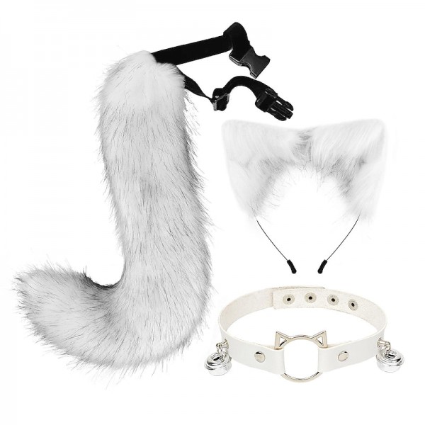Cat Ears and Wolf Fox Animal Tail Cosplay Costume Faux Fur Hair Clip Headdress Halloween Leather Neck Chocker Set Cat Ears and Wolf Fox Animal Tail Cosplay Costume Faux Fur Hair Clip Headdress Halloween Leather Neck Chocker Set