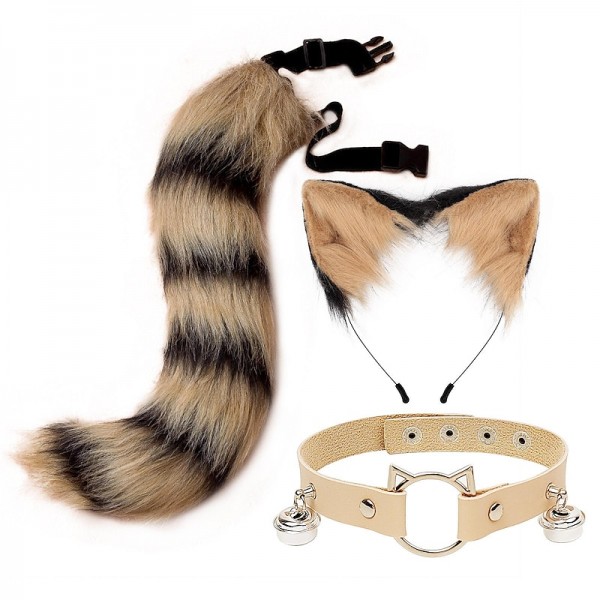 Cat Ears and Wolf Fox Animal Tail Cosplay Costume Faux Fur Hair Clip Headdress Halloween Leather Neck Chocker Set Cat Ears and Wolf Fox Animal Tail Cosplay Costume Faux Fur Hair Clip Headdress Halloween Leather Neck Chocker Set