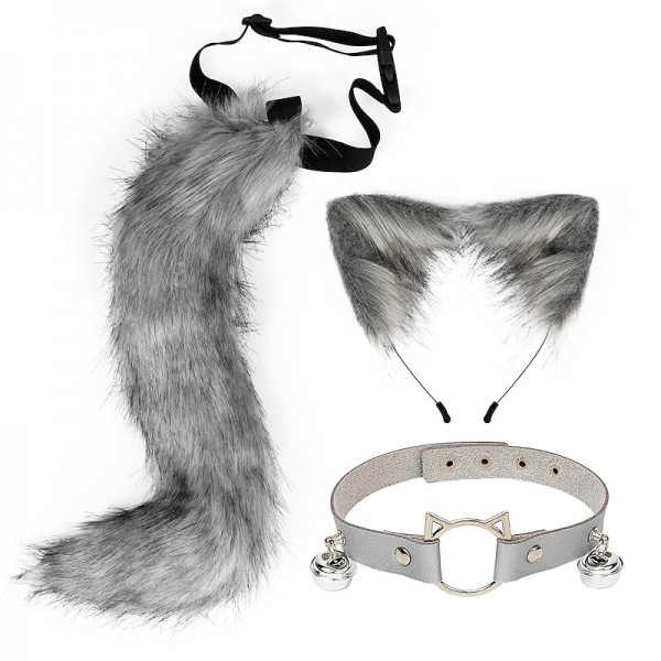 Cat Ears and Wolf Fox Animal Tail Cosplay Costume Faux Fur Hair Clip Headdress Halloween Leather Neck Chocker Set Cat Ears and Wolf Fox Animal Tail Cosplay Costume Faux Fur Hair Clip Headdress Halloween Leather Neck Chocker Set