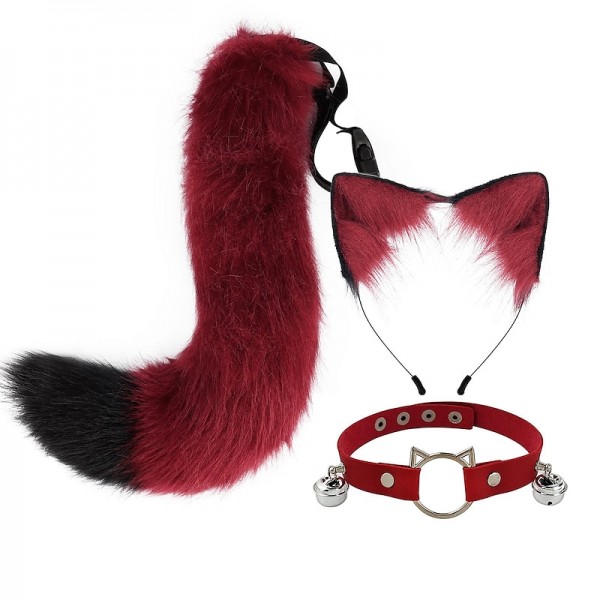 Cat Ears and Wolf Fox Animal Tail Cosplay Costume Faux Fur Hair Clip Headdress Halloween Leather Neck Chocker Set Cat Ears and Wolf Fox Animal Tail Cosplay Costume Faux Fur Hair Clip Headdress Halloween Leather Neck Chocker Set