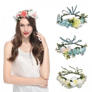 Flower Headband Rose Floral Boho Wreath Garland Hair Hoop Bohemian Headdress Headwear Headpiece Women Girls Crown Leaf Hair Bands Party Decoration Cosplay Costume Handmade Hair Accessories Champagne