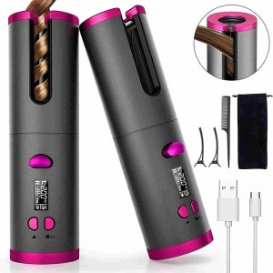 Cordless Auto Hair Curler Automatic Curling Iron with LCD Display Adjustable Temperature &amp; Timer Portable Rechargeable Rotating Ceramic Barrel Curling Wand Fast Heating for Hair Styling