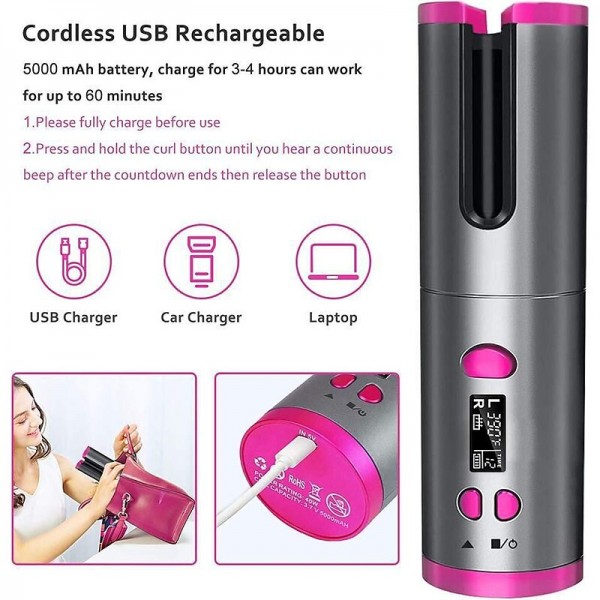 Cordless Auto Hair Curler Automatic Curling Iron with LCD Display Adjustable Temperature & Timer Portable Rechargeable Rotating Ceramic Barrel Curling Wand Fast Heating for Hair Styling Cordless Auto Hair Curler Automatic Curling Iron with LCD Display Adjustable Temperature & Timer Portable Rechargeable Rotating Ceramic Barrel Curling Wand Fast Heating for Hair Styling