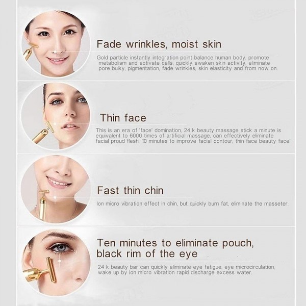 Beauty Bar 24k Golden Pulse Facial Massager T-Shape Electric Sign Face Massage Tools for Sensitive Skin Face Pull Tight Firming Lift