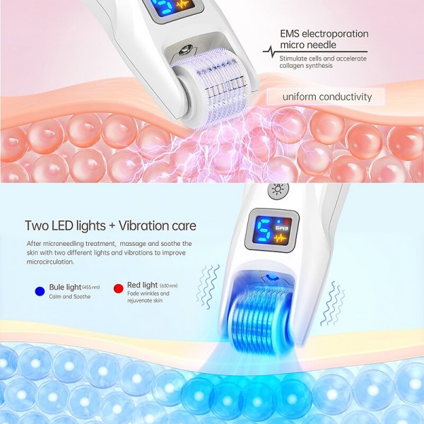 2023 Newest 540pins EMS Derma Roller Micro Current Microneedling Roller with Red Blue Light Therapy and Vibration Bio Roller G5