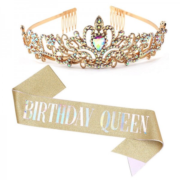 Birthday Crown &amp; Birthday Girl Sash Set, Rhinestone Tiaras and Crowns for Women Girls Gold Tiara Birthday Gold Sash Princess Tiaras Queen Crowns for Birthday Party Photoshoot