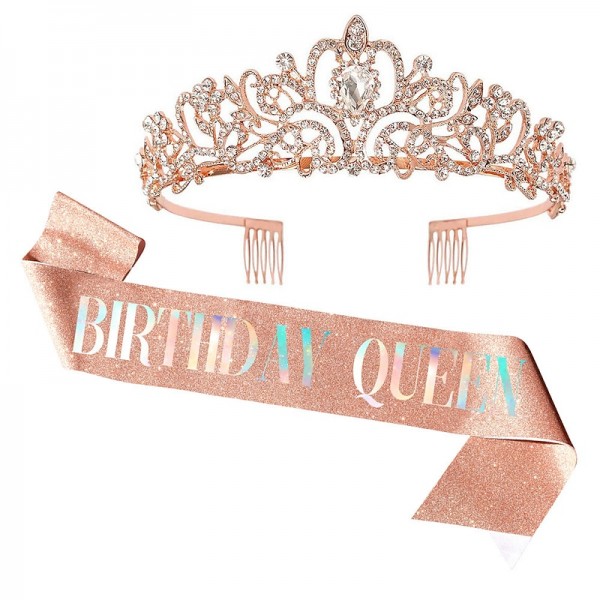 Birthday Crown &amp; Birthday Girl Sash Set, Rhinestone Tiaras and Crowns for Women Girls Gold Tiara Birthday Gold Sash Princess Tiaras Queen Crowns for Birthday Party Photoshoot