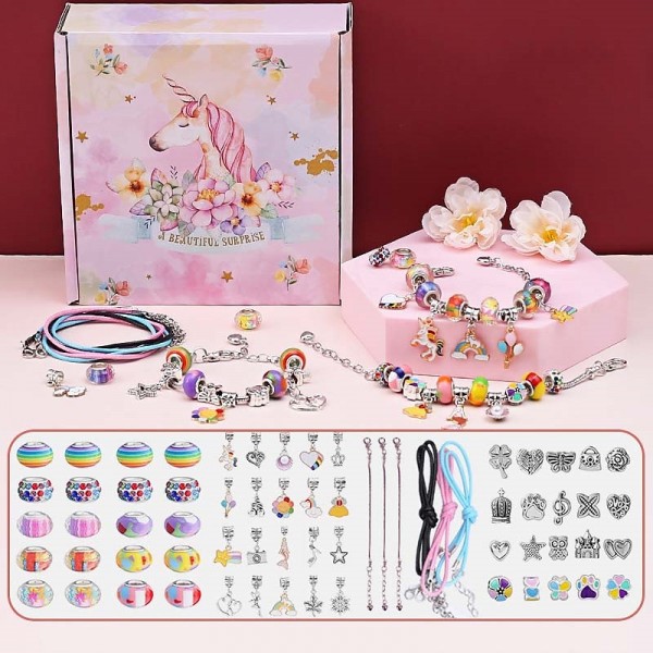 Charm Bracelet Making Kit - Girls DIY Beaded Jewelry Making Kit, Unicorn & Mermaid Gifts Toys Crafts For Girls Birthday Gift, Festival, New Year With Pink Birthday Gift Box Charm Bracelet Making Kit - Girls DIY Beaded Jewelry Making Kit, Unicorn & Mermaid Gifts Toys Crafts For Girls Birthday Gift, Festival, New Year With Pink Birthday Gift Box