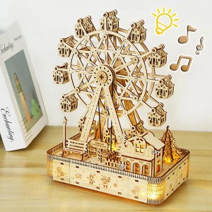 3D Wooden Puzzles Led Rotatable Ferris Wheel Music Octave Box Model Mechanical Kit Assembly Decor DIY Toy Gift for Kid Adult