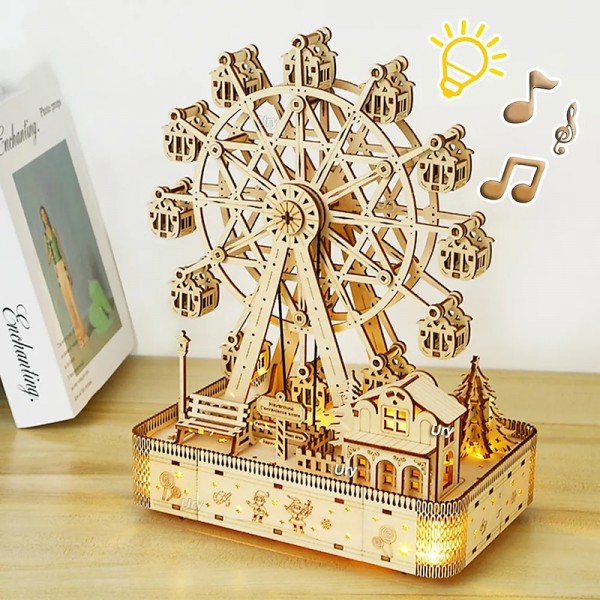 3D Wooden Puzzles Led Rotatable Ferris Wheel Music Octave Box Model Mechanical Kit Assembly Decor DIY Toy Gift for Kid Adult