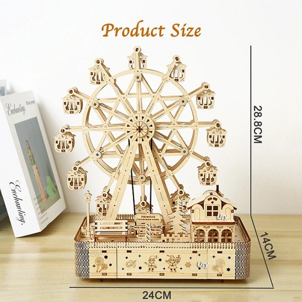 3D Wooden Puzzles Led Rotatable Ferris Wheel Music Octave Box Model Mechanical Kit Assembly Decor DIY Toy Gift for Kid Adult