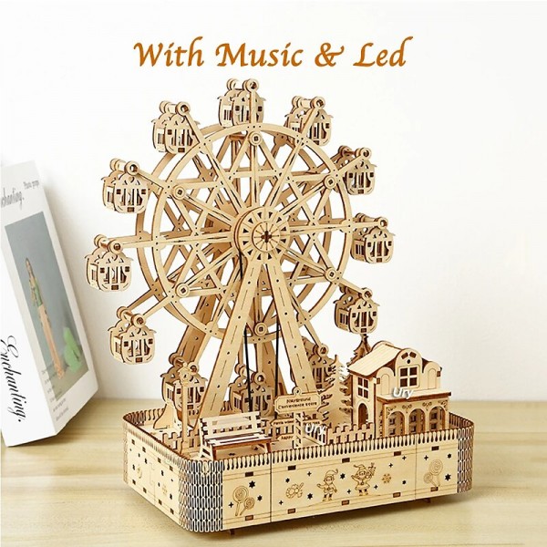 3D Wooden Puzzles Led Rotatable Ferris Wheel Music Octave Box Model Mechanical Kit Assembly Decor DIY Toy Gift for Kid Adult