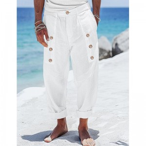 Men&#039;s Linen Pants Trousers Summer Pants Button Front Pocket Pleats Plain Comfort Breathable Full Length Casual Daily Holiday Fashion Basic Loose Fit Black White